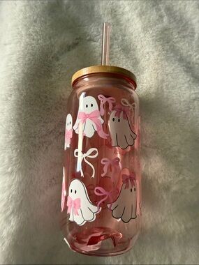 Pink Ghost Mason Jar Tumbler with Straw